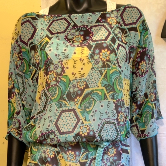 🗺️ Boho Printed Peasant Shirt Blouse w/ Braided Belt included Semi-Sheer, Small - Picture 5 of 10